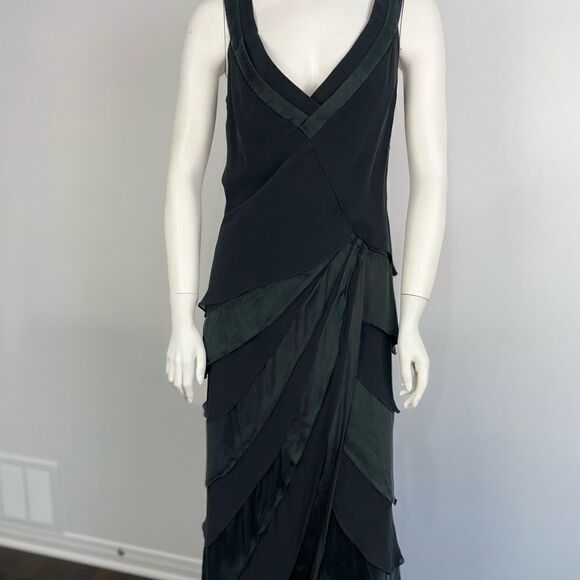 Vintage Tadashi Shoji Black 100% Silk Sleeveless Layered Tiered Draped Gown - Picture 3 of 16